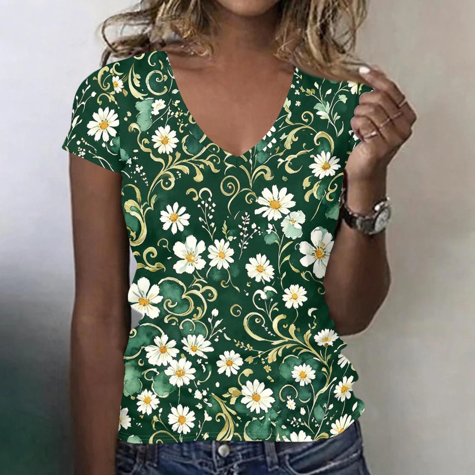 Women’s Casual V Neck Short Sleeve Floral Print T Shirt Top Lightweight Relaxed Fit Comfortable Summer Blouse for Daily Wear XXL
