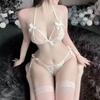 Sexy Temptation Bow Girl Romantic Lace Up Ultra-thin Comfortable Lingerie Stockings Gathered Bra Panties Female  Nightwear Set