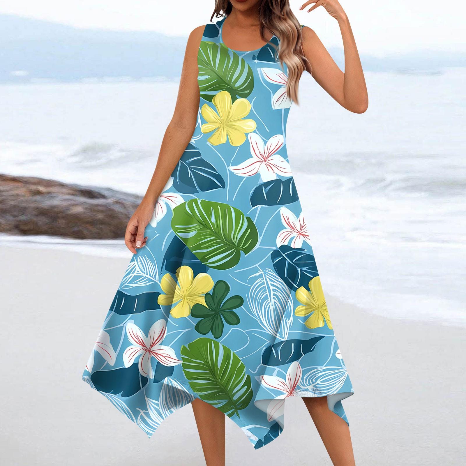 

Женское повседневное модное платье миди без рукавов с круглым вырезом и цветочным принтом, нерегулярный подол XL небесно-голубой