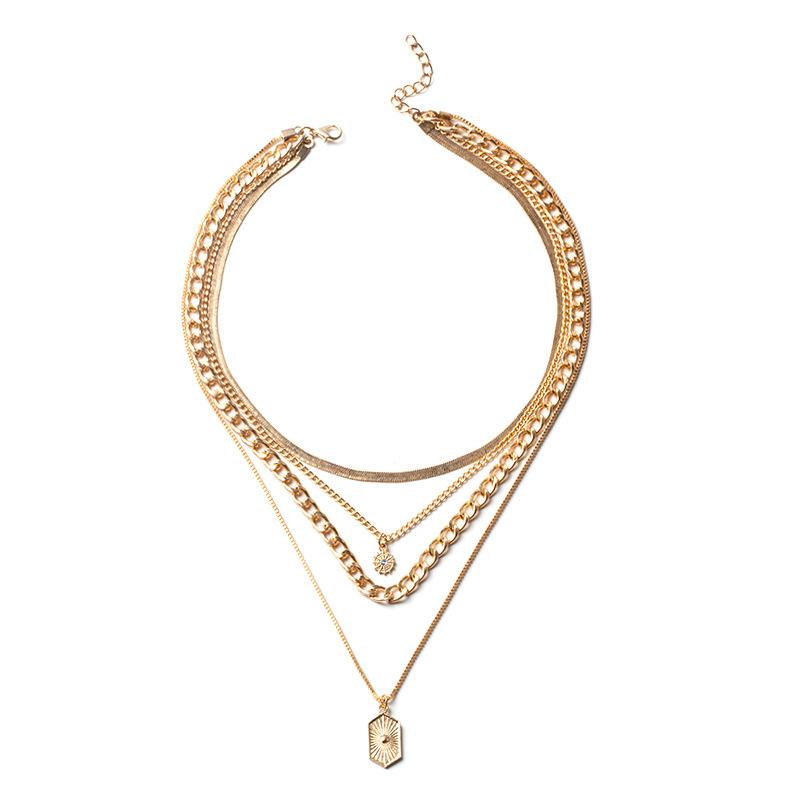 Layered Golden Zinc Alloy Necklace For Women, Cubic Zirconia Inlaid Teardrop Pendant, Multi-Strand Chain Choker Set With Textured Charms