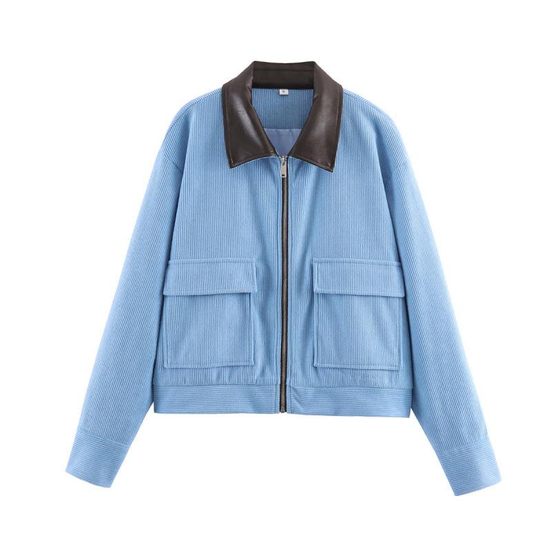 

2026 Spring Fashion: European & American Style Corduroy Patchwork Jacket with Leather Collar - Available in 3 Colors S