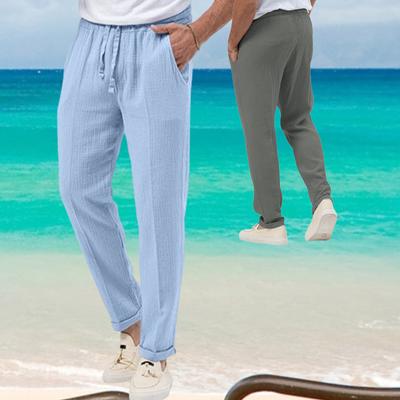 Men's Long Pants Fashion  Solid Color Breathable Trousers Linen Trousers Male Casual Elastic Waist Casual Pants