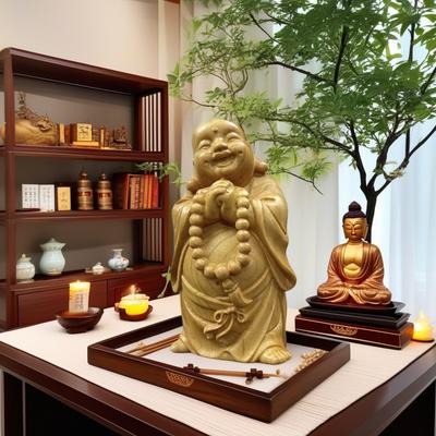 Wood Carving Laughlng Buddha Small Statue Chinese Characteristic Craftsmanship Home, Room, Office Attracting Wealth Decoration