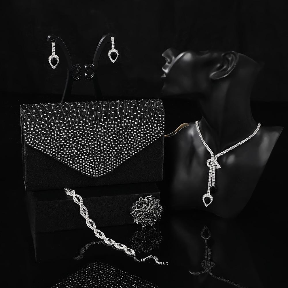 Elegant Women's Jewelry Set with Bag - Rhinestone Necklace Earrings Bracelet for Wedding Banquet Party