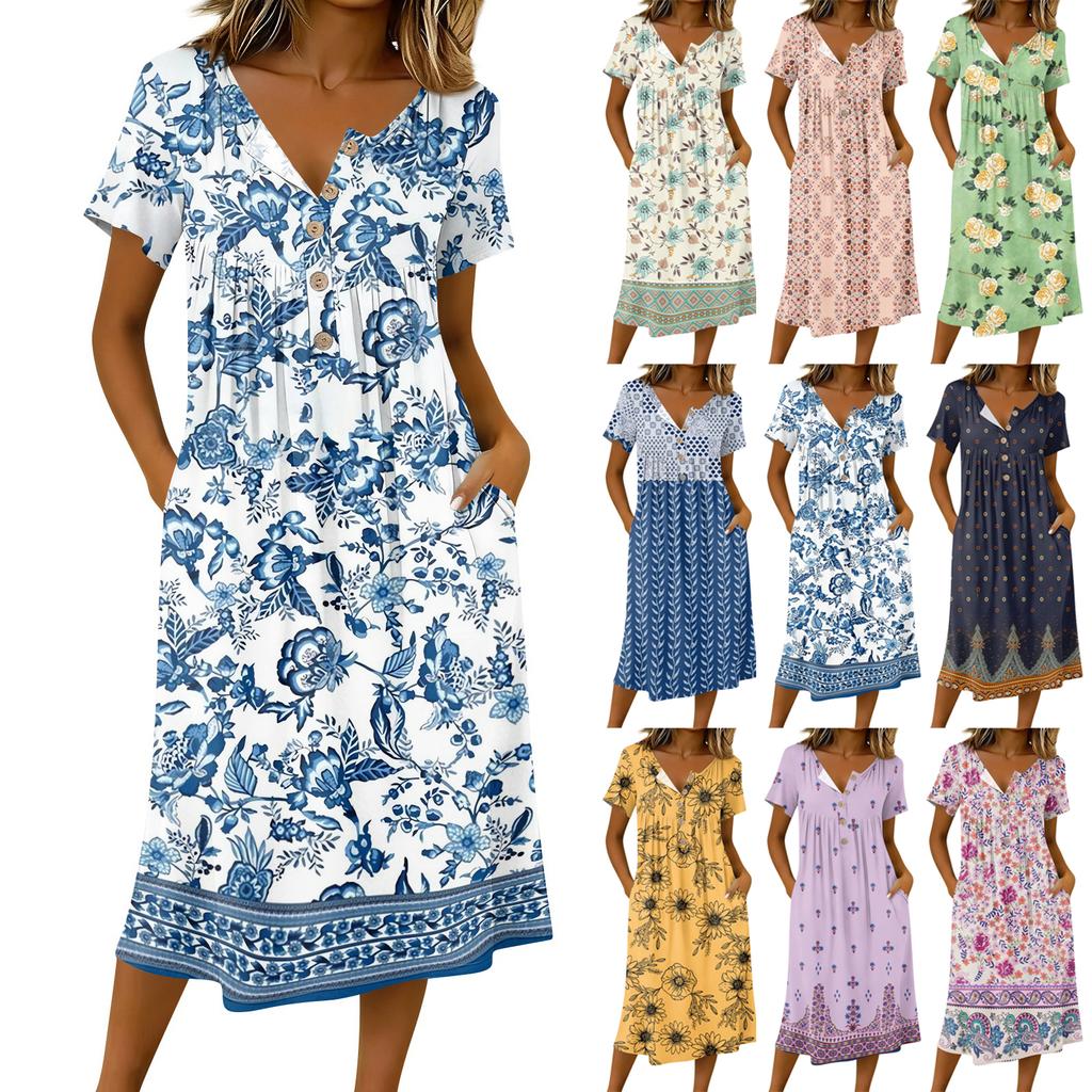 Dámské módní retro tištěné kulatý výstřih krátký rukáv knoflíky střední délka ležérní šaty