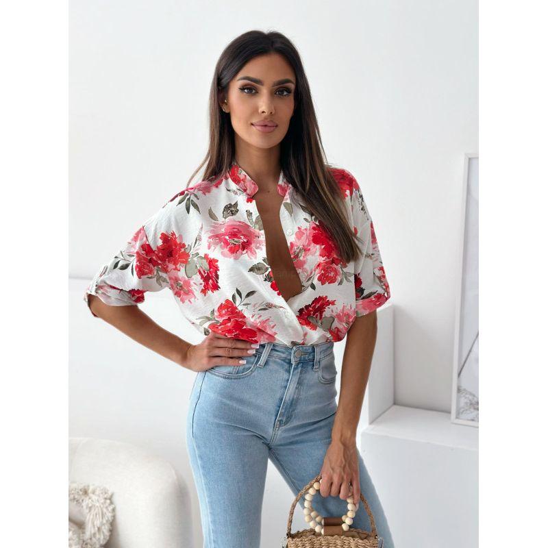 Sweet Summer New Arrival Fashion Stand Collar Single-Breasted Large Flower Pattern Fashion Temperament Commute Half-Sleeve Shirt Tops