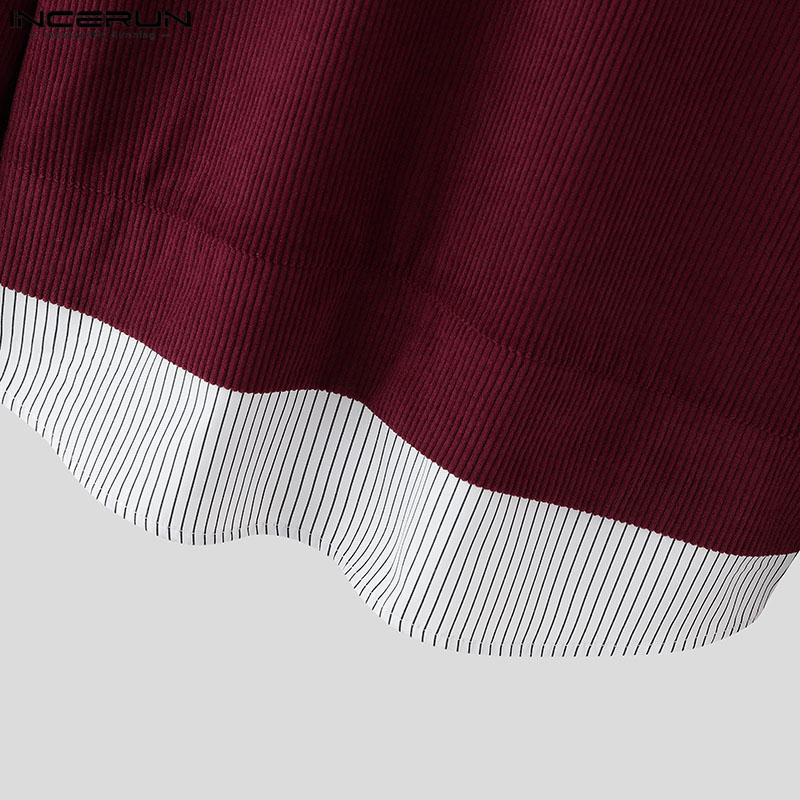 INCERUN Cămăși de Primăvară pentru Bărbați cu Guler Rever, Mânecă Lungă, Patchwork în Dungi, Nasturi, Topuri din Catifea Cord