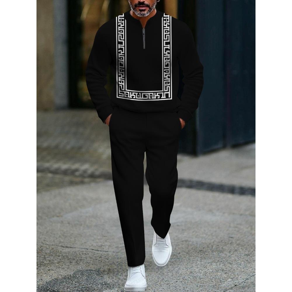 Spring Autumn 3D Printed Fashion Cool Men's Long-Sleeved Sets Half-Zipper Stand-Up Collar Men's Casual Sportswear Two-Piece Set