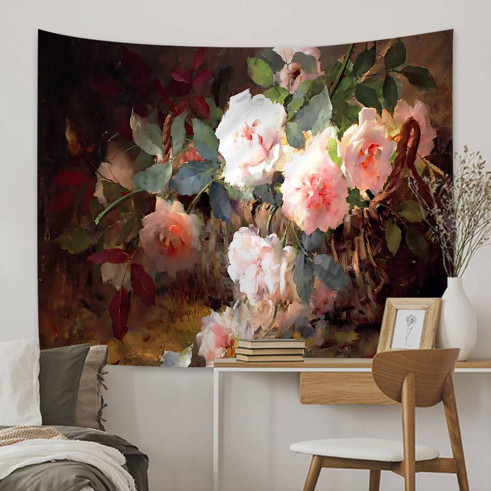 Vintage Flower Oil Painting Colorful Tapestry Wall Hanging Hanging Tarot Hippie Wall Rugs Dorm Wall Art Decor