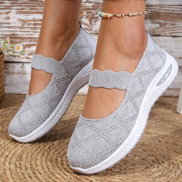 Knit Mesh Slip-On Sneakers for Women, Comfortable Air Cushion Sole Breathable Casual Walking Shoes with Mary Jane Strap
