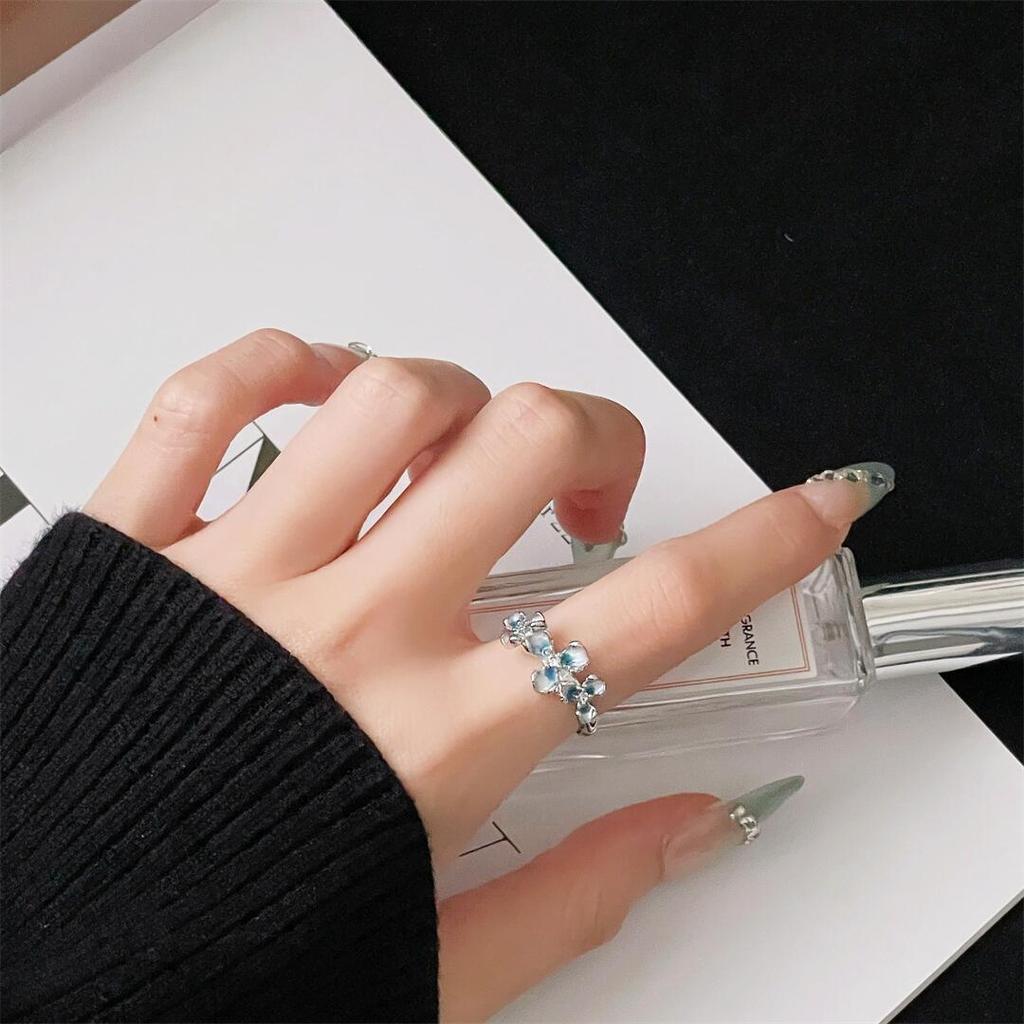 Small Fresh Butterfly Exquisite Opening Ring Enamel Sea Blue Pearl Niche Design Personalized Winding Ring Woman