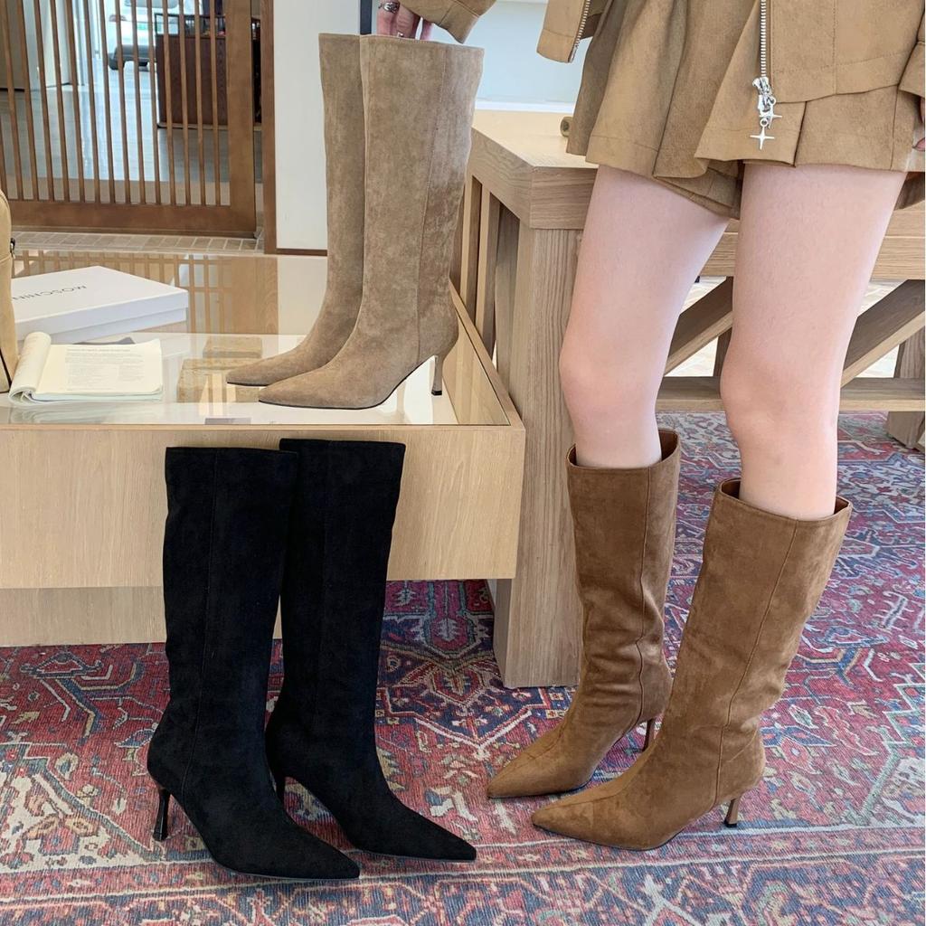 European and American style fashion pointed high boots simple temperament solid color straight boots 2025 new versatile high heels boots women