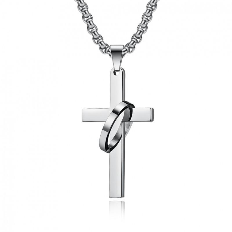 European American Men s Hip-hop Titanium Steel Cross Necklace Simple Smooth Ring Pendant Personalized Accessory