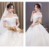 Off Shoulder Court Style Wedding Dress – Elegant French Light Luxury Bridal Gown with Long Train