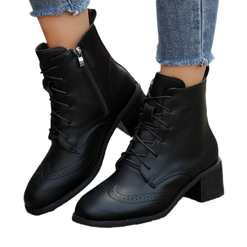 Große Größe neuer Herbst- und Winter-Seitenreißverschluss Retro-Stil spitze Zehen dicker Absatz Damen Kurzstiefel Schnür-Martin-Stiefel