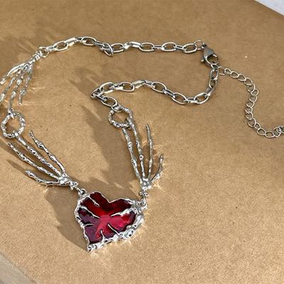 Gothic Irregular Red Heart Necklace Y2K Dark Love Ghost Claw Chain Necklaces Punk Grunge Aesthetic Egirl Branch Heart Necklace