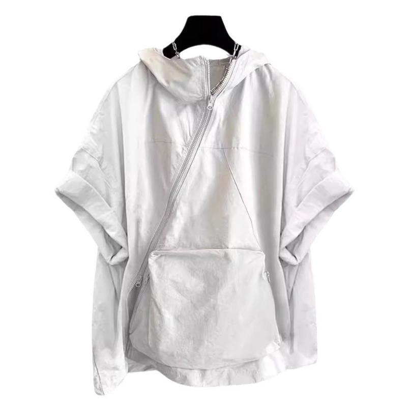 Men Zipper Design Hooded Short Sleeve T Shirt Loose Casual Workwear Big Pocket