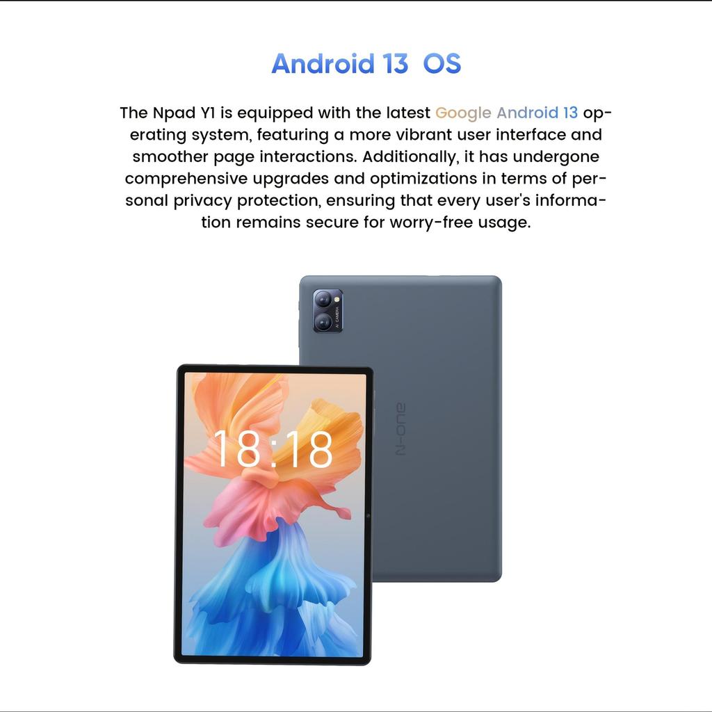 N-one Npad Y1 Android 13 Tablet, 8GB(4 GB + 4 GB Erweiterung) RAM, 64 GB ROM, 10,1-Zoll-Tablet, Quad-Core-Prozessor, Dual-Kamera 2,0 MP + 5,0 MP
