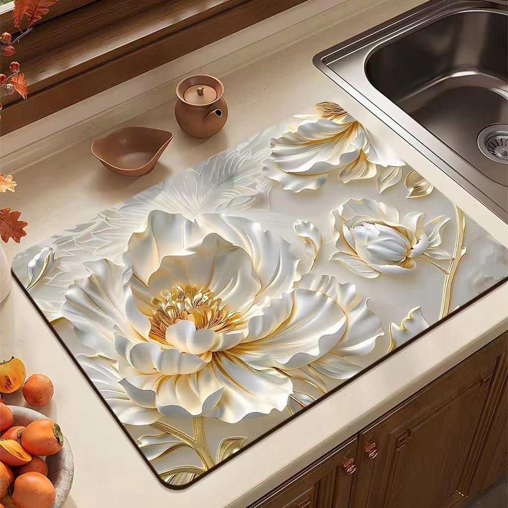 Tappetino Drenante Fiore Bianco Colorato, Motivo Floreale Centrale Blu e Rosso, Tappetino Asciugatura Antiscivolo in Silicone per Piano di Lavoro Cucina 1 Pezzo