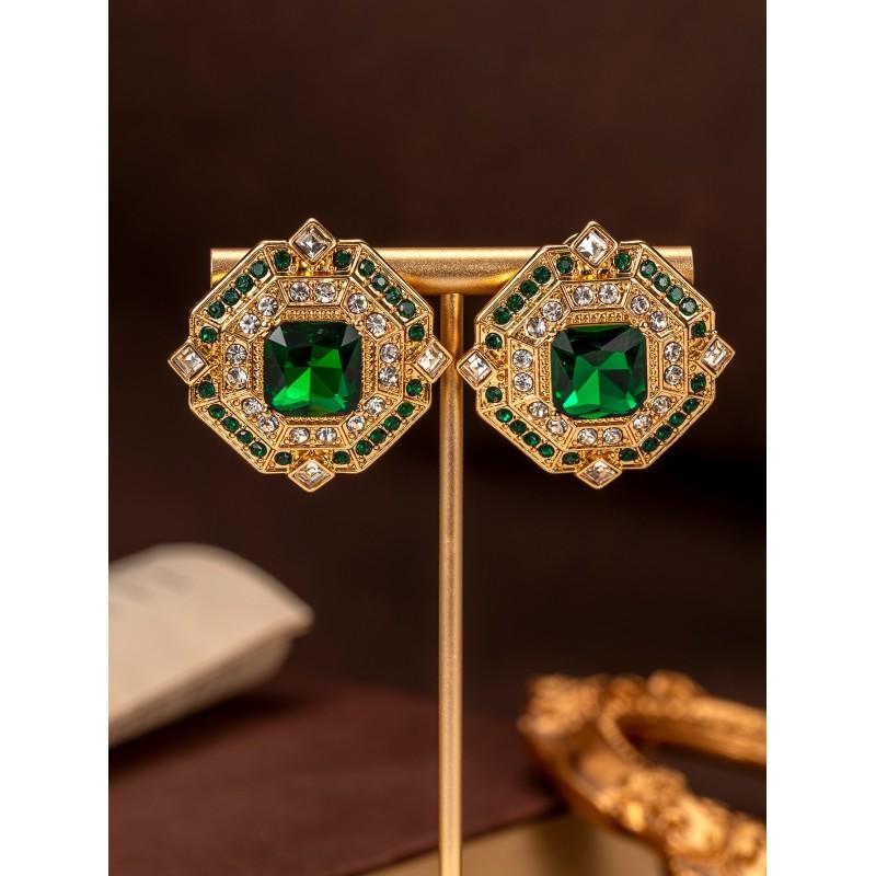 

Vintage Octagonal Inlaid Emerald Square Earrings With Heavy Craftsmanship Luxurious Style Densely Women