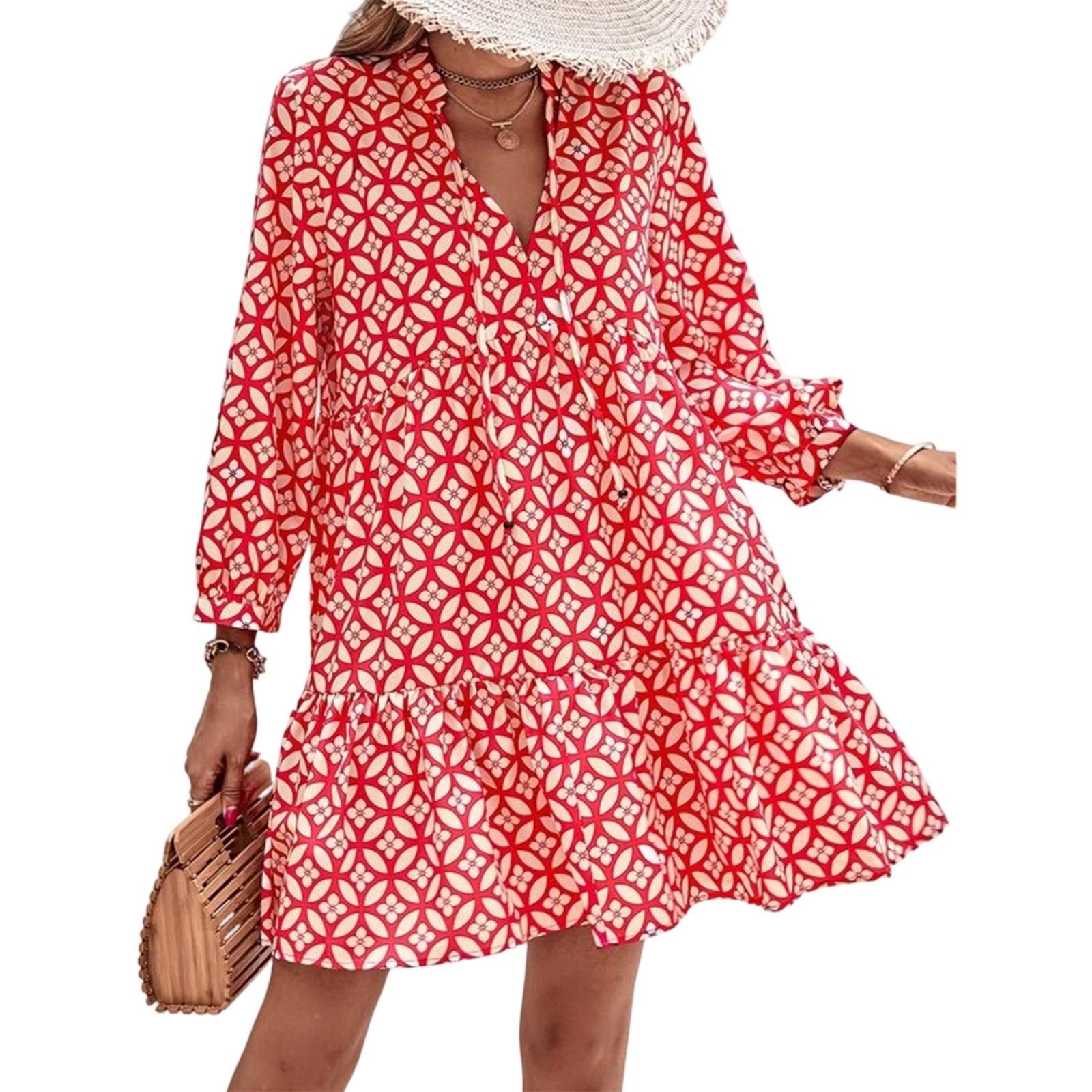 

Женское модное платье с V-образным вырезом, свежим принтом и рукавом семь дюймов S красный