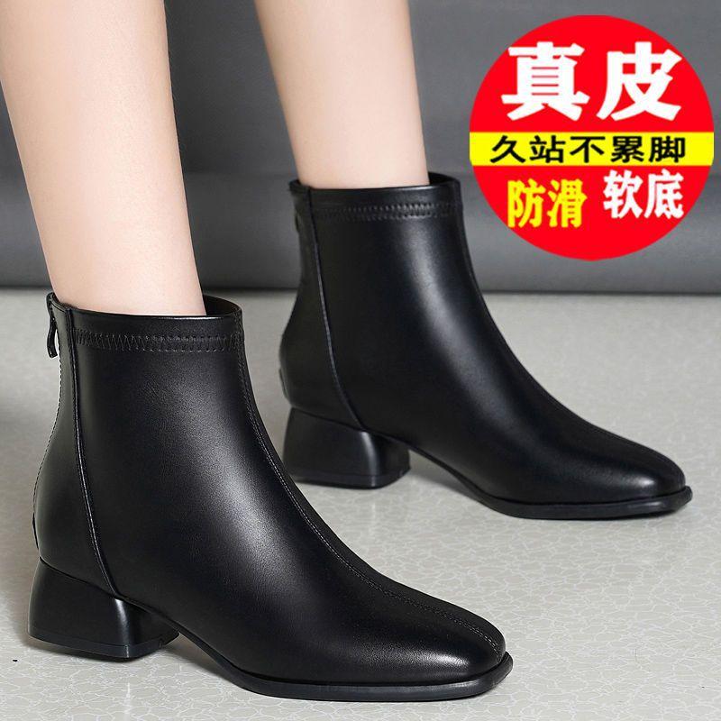 New autumn and winter small size 31 3233 leather black thick heel short boots women's head single boots large size Martin boots 41-43