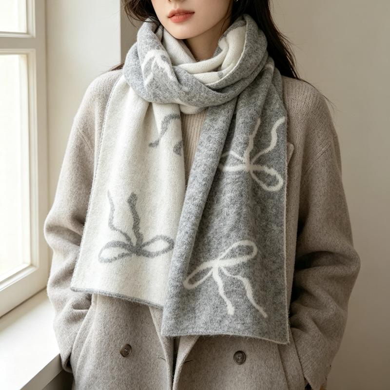 INS girly bow jacquard scarf wool blended double-sided contrasting scarf autumn and winter atmosphere temperament scarf