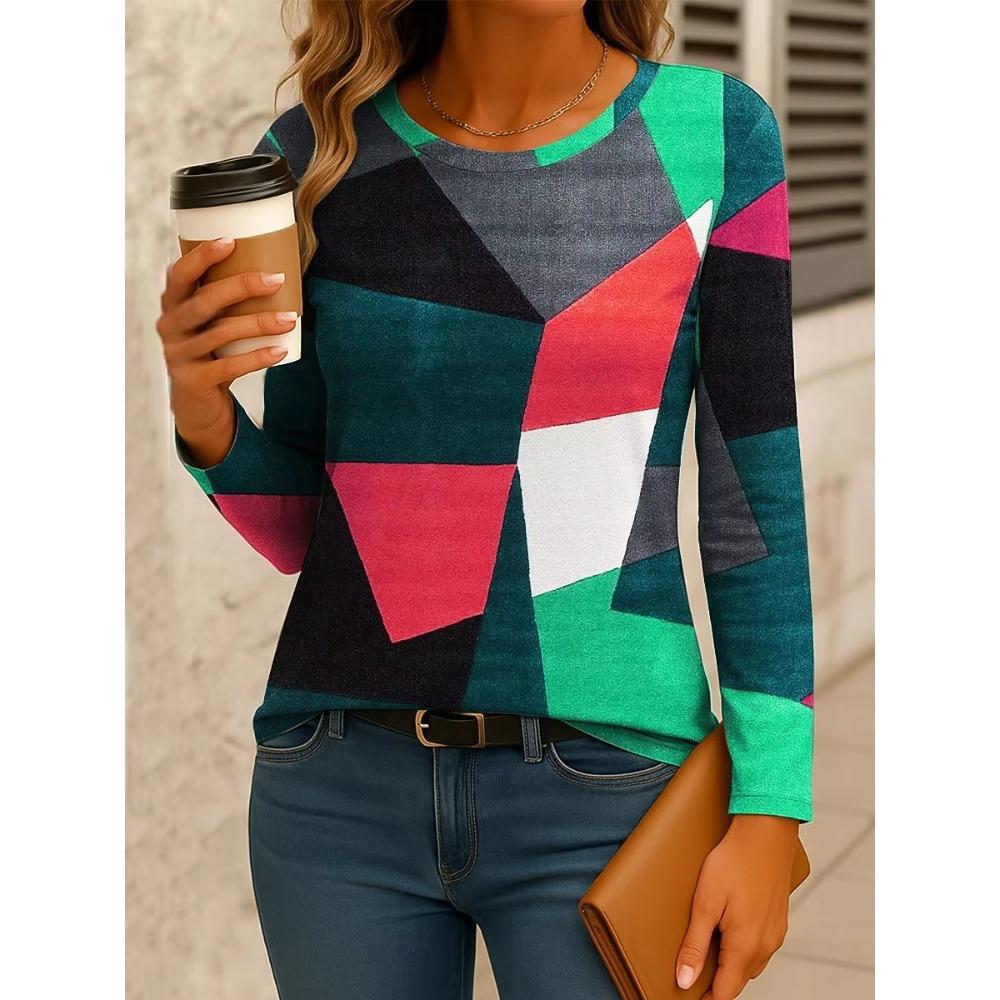 Damen T-Shirt 3D unregelmäßiger geometrischer Druck modisch langärmelig Rundhals reguläres Oberteil Urlaub Frühling und Herbst