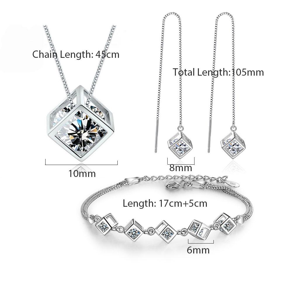 925 Silver Luxury Shiny Square Cube Necklace Earrings Bracelet For Women Gift Zircon Anniversary Gift