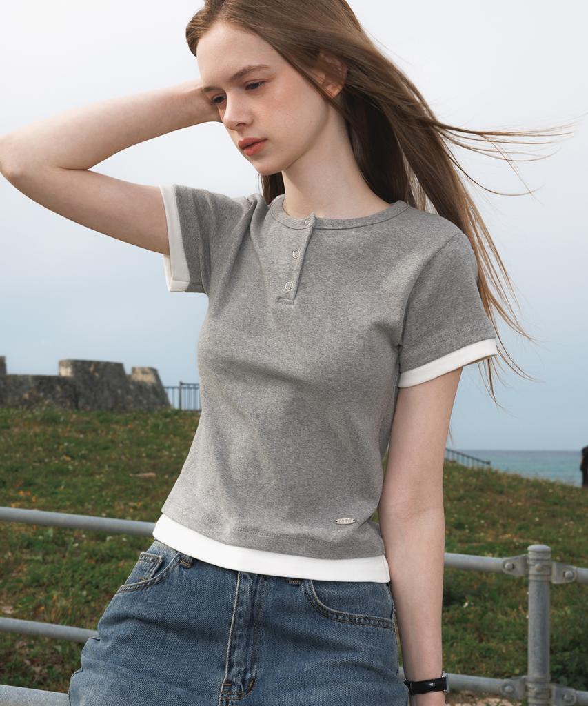 DEHEVE Layered Eyelet T-Shirt [Gray]