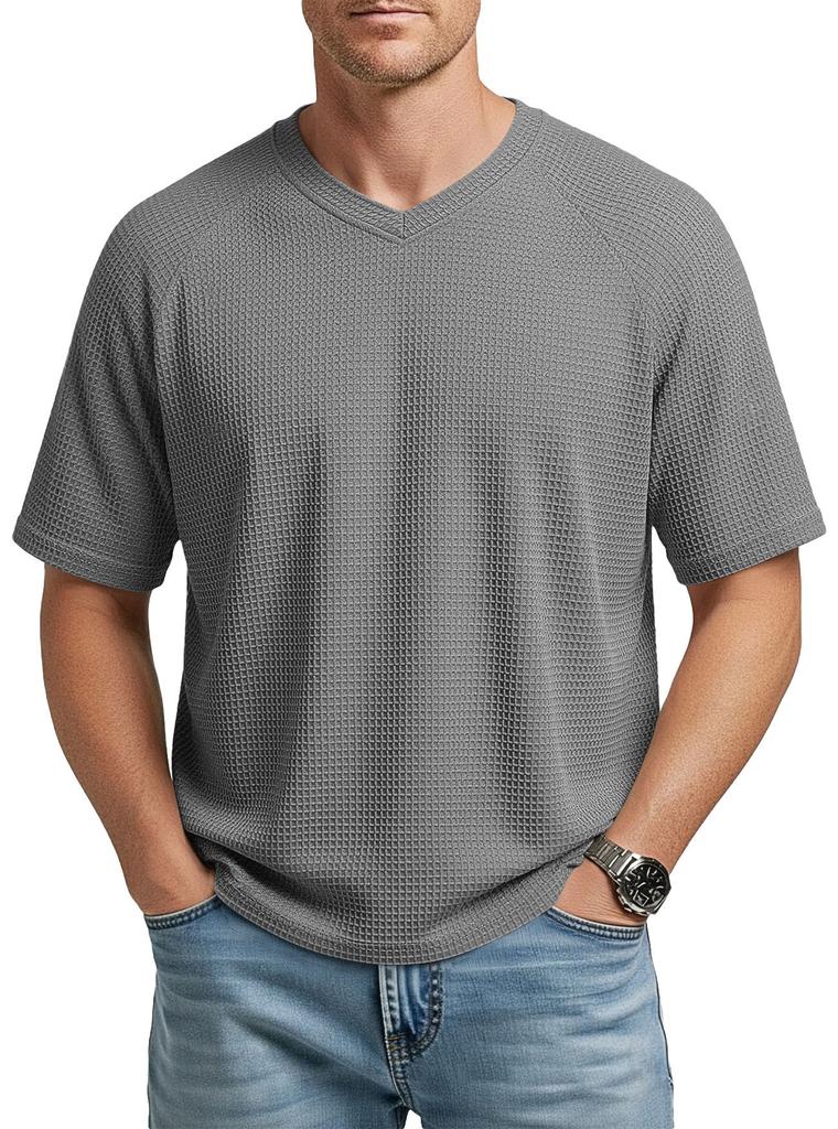 Men's Waffle Knit Short Sleeve T-Shirt Spring Summer Lightweight Breathable V-Neck Raglan Sleeve Casual Solid Top