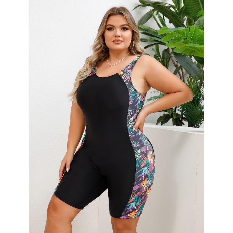 Damen Plus Size Ärmelloser Badeanzug mit Blumendruck, knielang