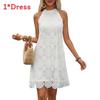 Summer White Polyester Sleeveless Off Shoulder A Line Dress For Women