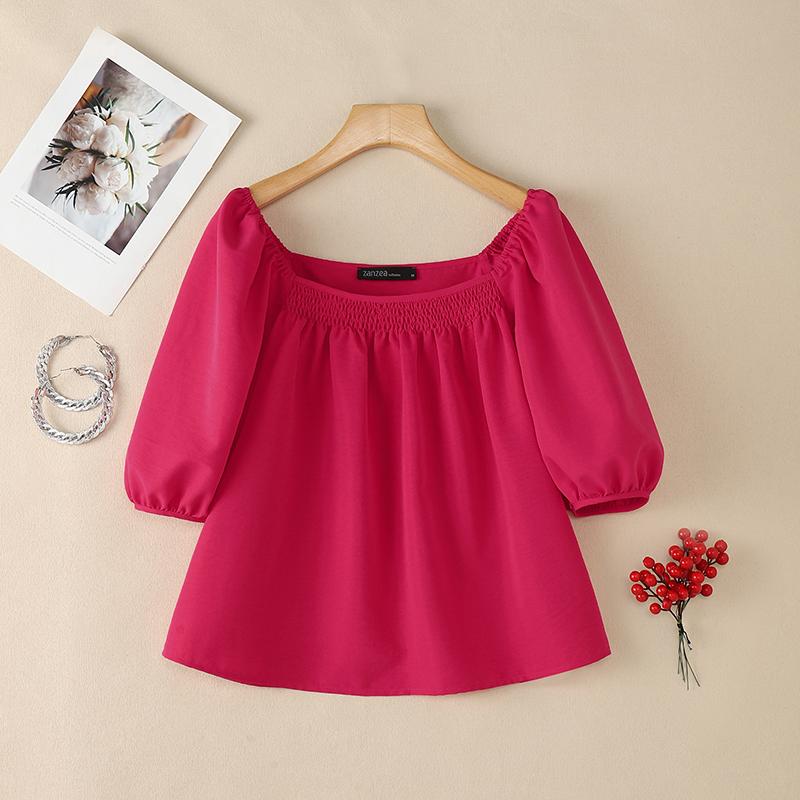 ZANZEA Women Casual Square Collar Loose Summer Short Sleeve Blouse
