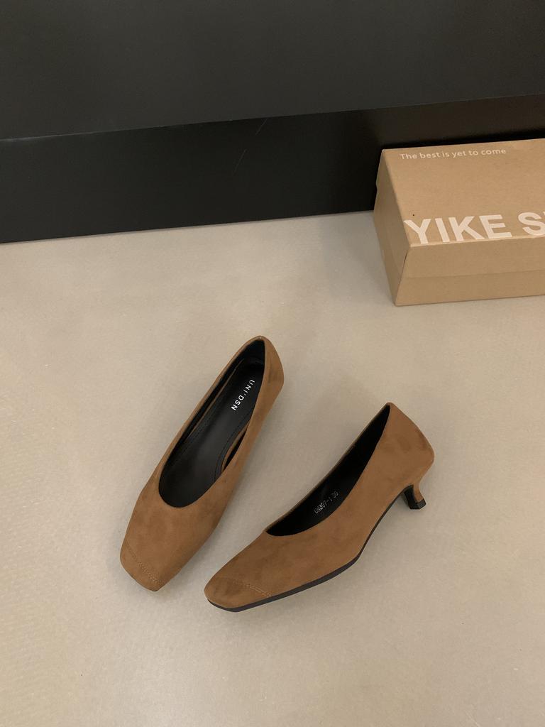 French kitten heel square head shallow mouth single shoes women's shoes spring and autumn 2025 new suede thin heel versatile evening shoes