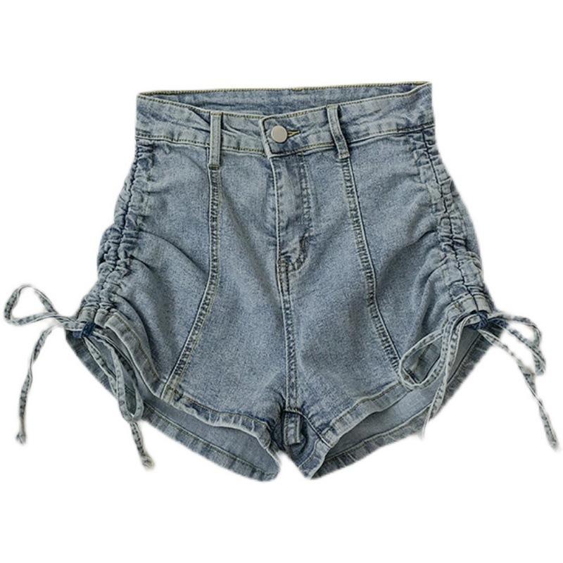 Comfortable Skinny Fashionable and Versatile Drawstring Tie Denim Shorts Female Summer Straight High Waist Elastic Slim A-line Wide Leg Pants