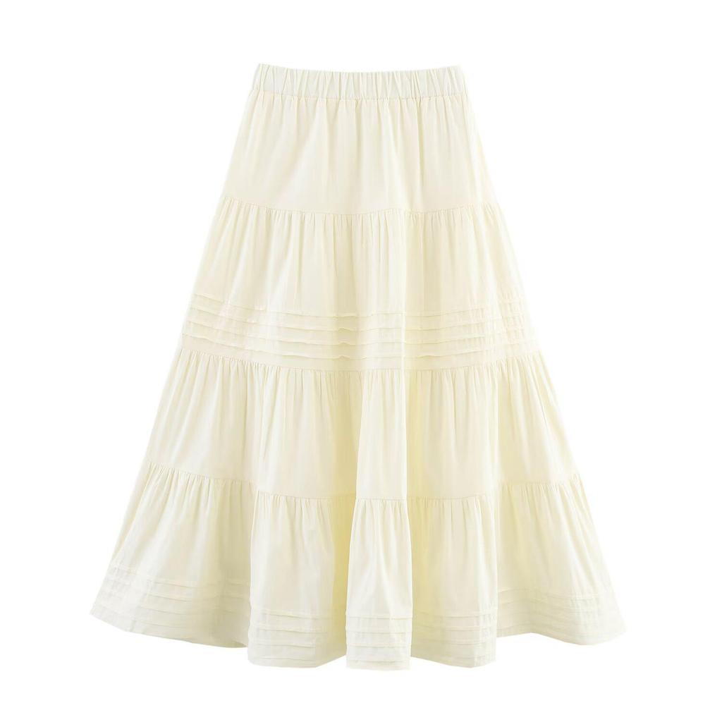 2025 Spring Women's Fashion European & American Style Cotton Striped Layered Midi Swing Skirt