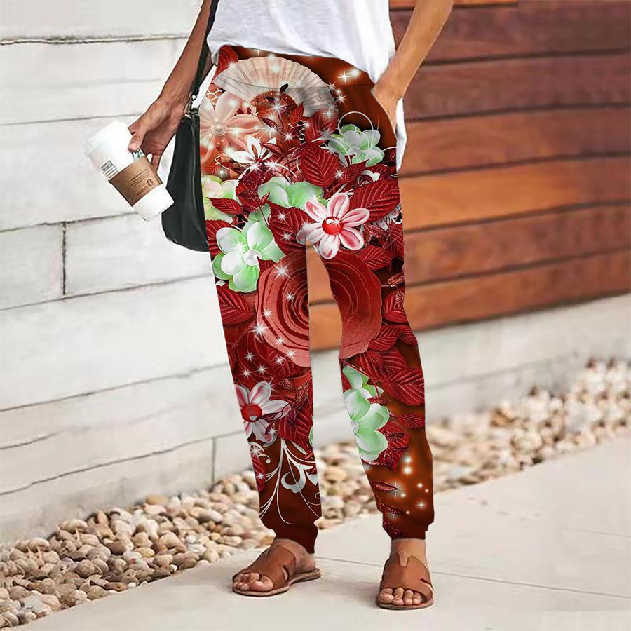 Women Flower Printing Pants Lace Up Elastic Waist Loose  Trousers Casual Long Pants Trousers with Pockets