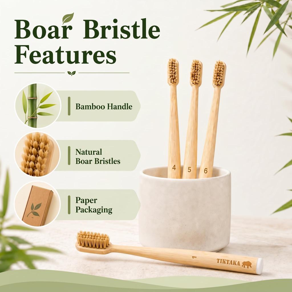 TIKITAKA FTG Boar Bristle Bamboo Toothbrush, Set of 6, Firm Natural Bristles, Curved Bamboo Handle, Self-Standing, Family Use, Adult Size