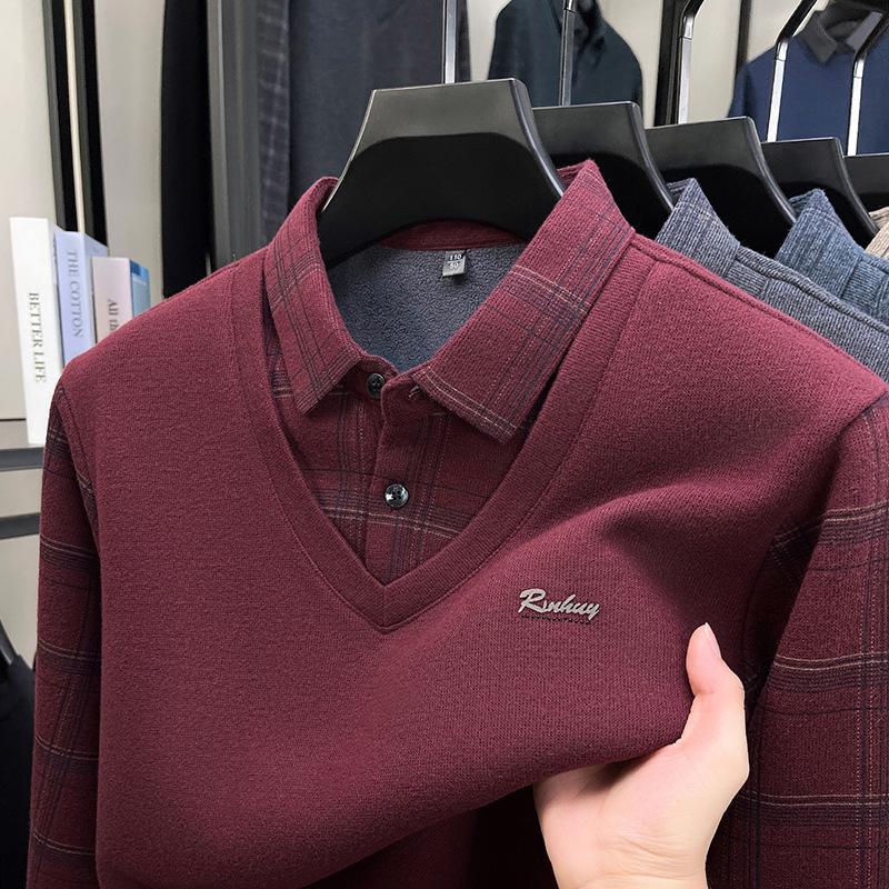 Maglione Invernale da Uomo Finto Due Pezzi con Collo in Lana - Caldo Tessuto di Velluto per Mezza Età e Anziani