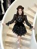 Retro Puff Sleeve Chiffon Floral Velvet Patchwork Dress - Waist-Cinched Short Skirt