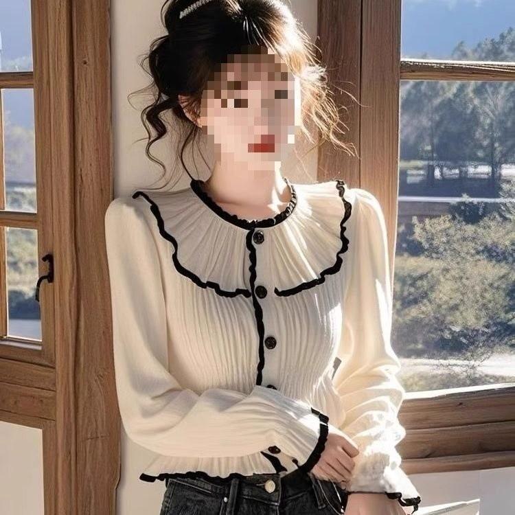 French Chic Long Sleeve Shirt With Ruffle Details For Elegant Spring Fashion