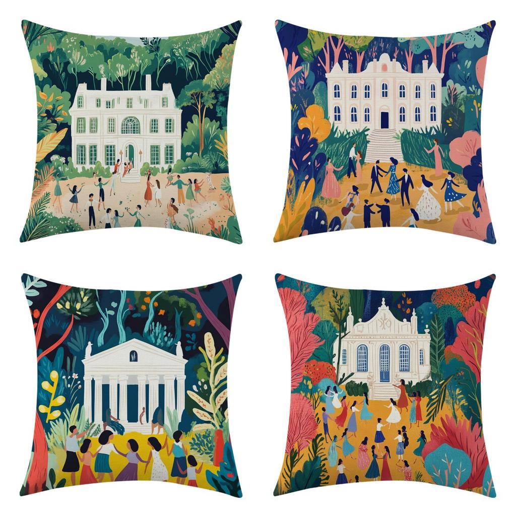 Pastoral fairy tale beauty and the elderly linen throw pillow four-piece set, labeled