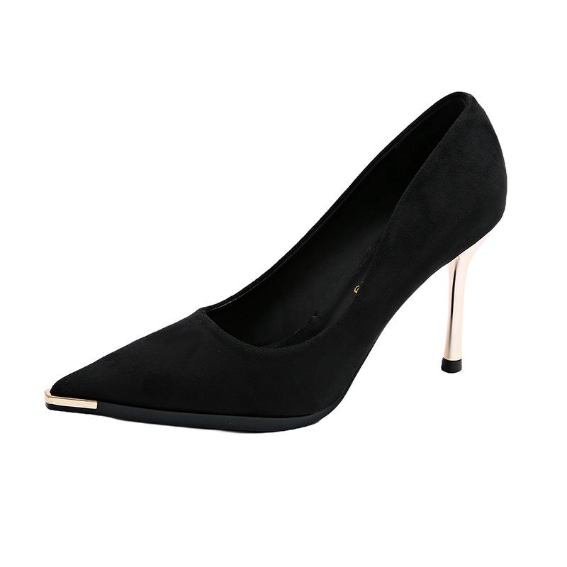 

Черные замшевые туфли на высоком каблуке женские стилет темпераментные офисные с металлическим носком одинарные туфли 2025 новая весна остроносые женские туфли партия 39