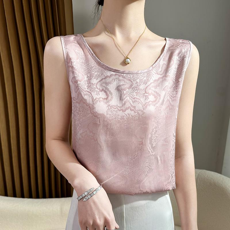 Acetate Satin Round Neck Printed Vest for Women In Summer Simple Smooth and Versatile Sleeveless Suspender Soft and Comfortable Top