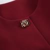 American vintage autumn/winter red crew neck long-sleeve waist-cinching blazer, slit skirt, women's fashion casual two-piece set