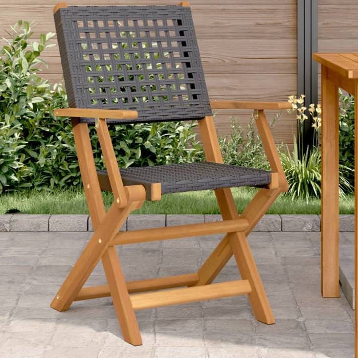 VidaXL Gartenstühle 2er-Set schwarz Akazienmassivholz und Rattan, Gartensitz, Outdoor-Sitz, Klappstuhl, 367663