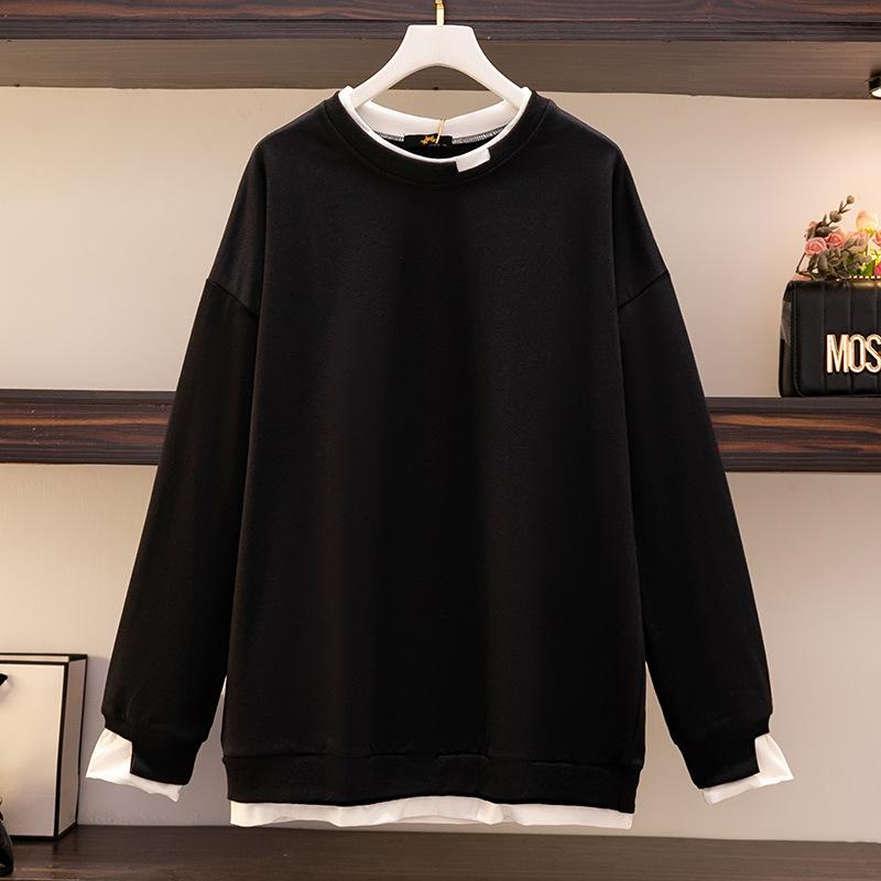 

Плюс Размер Женская Splicing Fake Two Новая Длинные Рукава Весна Толстовка 4XL чёрный