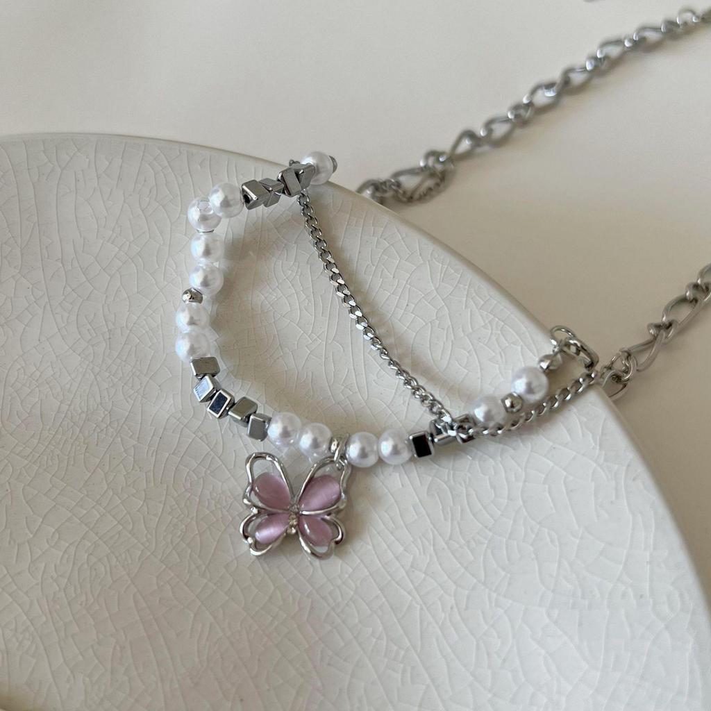 Y2K Titanium Steel Hollow Butterfly Double-Layer Necklace for Women - Light Luxury Clavicle Chain Choker