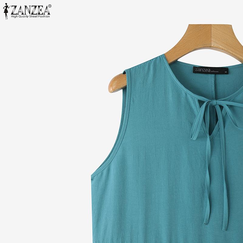 ZANZEA Women Lace Up Round Neck Summer Casual Sleeveless Dress